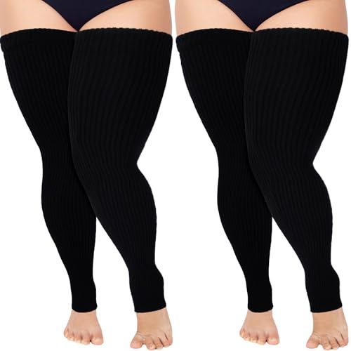 SATINIOR 2 Pairs Women's Winter Leg warmers Extra Long Thigh High Leg Warmers 80s Knit Over Knee High Socks(Black,Plus Size)