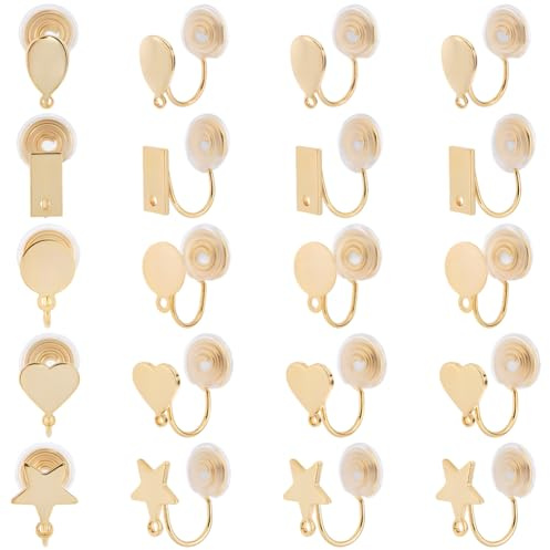 Beebeecraft 1 boîte de 20 Boucles d'oreilles à Clip en Laiton Plaqué Or 18 carats en Forme de Larme Rondes Rectangulaires en Forme de Cœur et D'Étoile avec Boucle pour la Fabrication de Bijoux pour