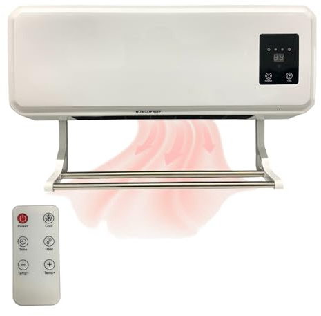 Stufa Elettrica a Parete Termoventilatore 2000W Aria Calda Fresca con Telecomando Timer 12H Display LCD Digitale Caldobagno Elettrico a Basso Consumo con Supporto Asciugamani/stendino integrato