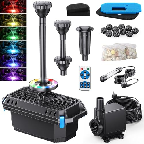 Biling Filtro per laghetto con chiarificatore UV e illuminazione RGB, pompa per laghetto da 40W 2500L/H con 3 fontane, silenziosa pompa filtro per laghetti fino a 3600 litri, ideale per laghetti da