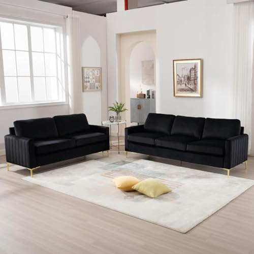 2 Piece Sofa and Loveseat Set, Comfy Tufted Velvet Couch and Loveseat Sets Furniture with Gold Leg, Mid Century Modern Couch Soft Upholstered Sofa Set of 2 for Living Room Bedroom Office (Black)