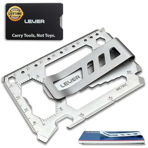 Lever Gear Toolcard Pro mit Geldscheinklammer - 40 in 1 Kreditkarten-Multitool. Schlankes, minimalistisches Multitool für die Geldbörse aus Edelstahl - Perlenstrahlen-Silber