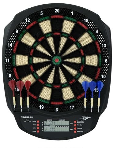 Carromco Dartscheibe elektronisch, 3-Loch, TOLEDO-301, rot-grün-beige-schwarz für 1-8 Spieler mit Pfeilen und Netzteil, mit 43 Spielen/320 Variationen (inkl. Cricket)
