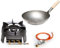 Wokbrenner Set/Gaskocher 9,2 KW mit Gasschlauch + Druckminderer + 33 cm Stahl Asia-Wokpfanne mit Holzgriff (Gusseisen Hockerkocher, Asia Kocher, Gastrokocher, Gasherd, Campingkocher für Wok)
