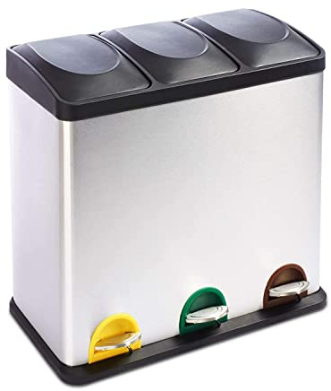 Floordirekt Mülleimer 2 oder 3 Fächer 24 L aus Edelstahl für Haushalt inkl. 15 Müllbeutel | Abfalleimer Mülltonnenbox 3er für Küche 3 Kammer je 18 Liter für Papier, Biomüll, Plastik