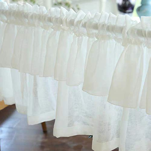 Cotton Linen Cafe Curtain Kitchen Short Net Curtains, For Small Window Bathroom Farmhouse Style (150cm(W) X40cm(H), White)