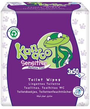 Kandoo Sensitive Flushable Moist Toilet Tissues, 3 x 50 Wipes (Total 150 Wipes), Biodegradable, Toilet Training Wet Toilet Tissues, Fragrance Free for Sensitive Skin, Toddler Wipes, Multipack
