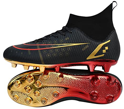 Fussballschuhe Herren Professionelle Fussballschuhe Unisex Outdoor Kinder hohe Bande für Kunstrasen geeignet AG Wettkampf- Trainingsschuhe,Schwarzes Gold 35