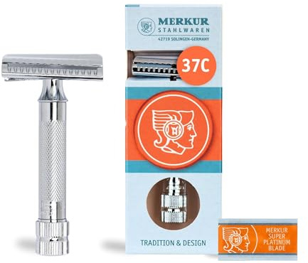 MERKUR Rasierhobel 37C | Schrägschnitt Glanzchrom | Zweiteiliger Rasierer mit schrägem Schnitt | Geschlossener Kamm | Ideal für Nassrasur | Zinkdruckguss | Messing Griffstück | Made in Germany