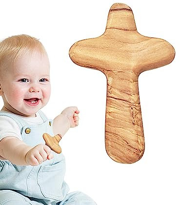 Fukamou Olivenholz Kreuz | Handschmeichler Holzkreuz | Geschenk Zur Firmung Geburt Kommunion Taufe | 10x6x1.7cm