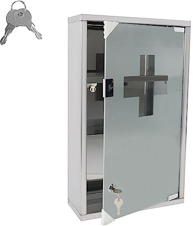 XMTECH Medizinschrank Arzneischrank Apothekerschrank Abschließbar Medikamentenschrank, Hängend Erste Hilfe Schrank aus Edelstahl, Hausapotheke Glastür mit Schloss 3 Fächer, 50 x 30 x 12 cm
