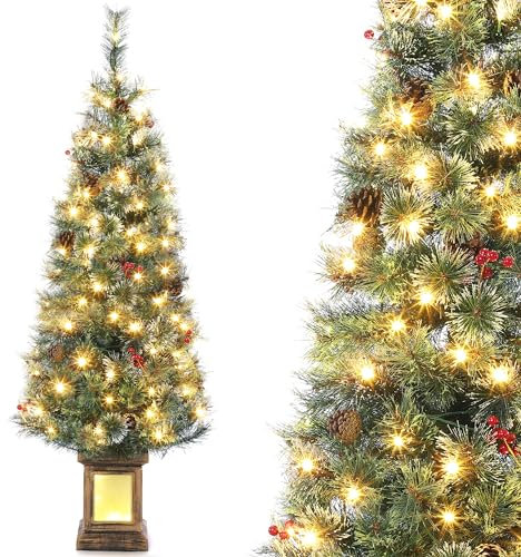 Weihnachtsbaum 140cm, Weihnachtsbaum Künstlich mit Beleuchtung Künstlicher Weihnachten Baum mit 108 LED 143 PVC Spitzen Schneebeflockte Blühende Tannennadeln Topfbasis Weihnachten Deko für Haus Büro