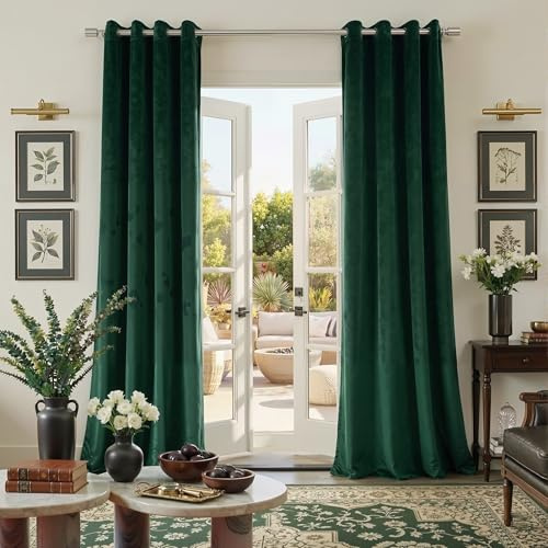 PONY DANCE Dark Green Velvet Curtains - 46x54 Inches Thermal Blackout Curtains Eyelet Top Soundproof & Room Darkening Short Window Treatment for Living Room/Bedroom/Kitchen, 2 Panels