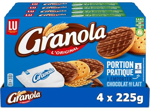 Lu Granola - Biscuits Nappés Chocolat au Lait - Pocket - 4x225g | 4 Boîtes format pocket de 225g | Biscuits sablés nappés au chocolat au lait | Fabriqué en France | Idéal goûter