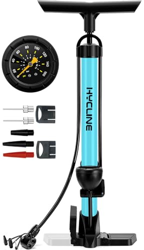 Hycline Bike Floor Pump with Gauge: 160 PSI High Pressure Bicycle Pumps - Durable Air Pump Fits Presta & Schrader Valve - Inflator for Road MTB Tire, Ball, Balloon, Inflatables - Blue