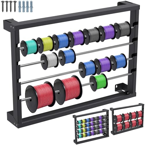 SELEWARE Wall Mount Wire Spool Rack, Cable Dispenser with 4 Adjustable Rods