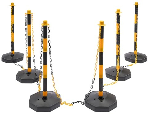 6 postes de cadena de plástico, con 5 cadenas de barrera de 200 cm, altura ajustable, postes de advertencia con soporte para control de tráfico, color amarillo y negro