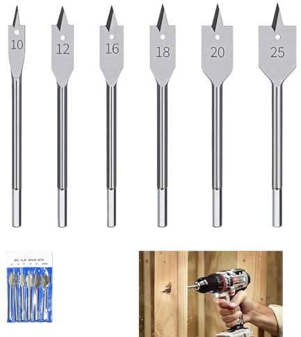 6 Pcs Spade Drill Bits Set, Flat Wood Drill Bits with Carry Pouch, Hex Shank Paddle Bit, High Strength Steel Hole Cutter Tools for Woodworking Softwood Hardwood, Sizes 10mm 12mm 16mm 18mm 20mm 25mm