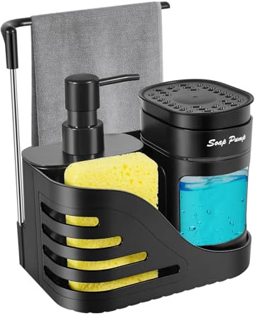 Dispenser di sapone a doppia mano & Dish per lavello da cucina, nero