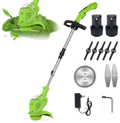 Desbrozadora eléctrica inalámbrica, desbrozadora con 2 pilas de 1300 mAh, corte borde, telescópica 90 – 120 cm, 2 cuchillas de metal y 5 cuchillas de plástico para jardín, césped y deshierbe (2