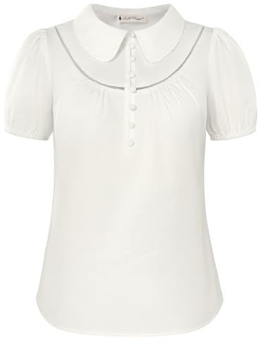 Belle Poque Short Puff Sleeve Blouses for Women Peter Pan Collar Dressy Work Shirts Summer Cotton Tops White XXL