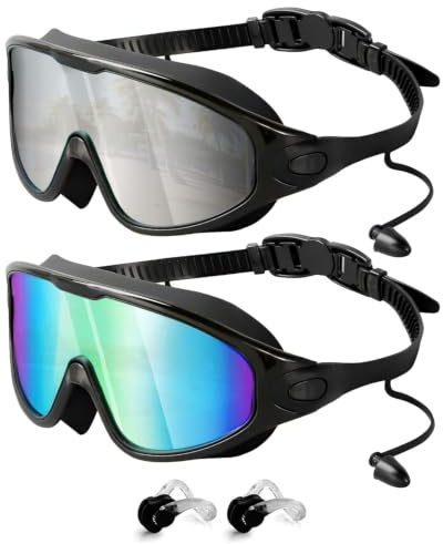 Lot de 2 lunettes de natation professionnelles pour adultes, hommes et femmes, sans fuite, lunettes de natation avec protection anti-buée et UV, verres transparents polarisés en silicone souple pour