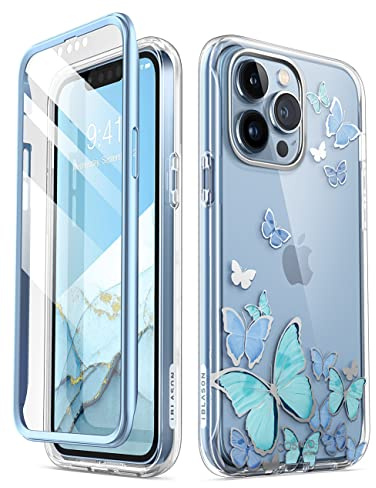 i-Blason Cosmo for iPhone 13 Pro Max Case [Built-in Screen Protector] [Military-Grade Protection] Slim Full-Body Stylish Protective Shockproof Phone Case for iPhone 13 Pro Max (Blue Butterfly)