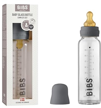 BIBS Baby Glass Bottle. Anti-Colic. Round Natural Rubber Latex Teat. Supports Natural Breastfeeding, 225 ml, Iron