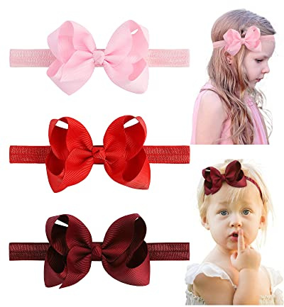 jollybows Hairband - 3 PCS 4 Baby Girls Headbands Boutique Grosgrain Ribbon Hair Bows for Baby Girls Infants Toddler Kids Teens and Children - Pink, Red, Burgundy