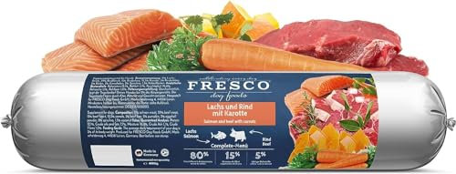 Fresco Dog Barf Wurst Complete-Menü Lachs und Rind mit Karotte | 400 g | Futtermittel für Hunde mit Lachs und Rind mit Karotte | Kann dabei helfen Hunde optimal zu versorgen