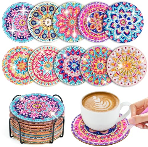 WuGU 10 Stück Diamond Painting Untersetzer mit Halter, Diamant Tassenuntersetzer, Mandala Diamond Art Painting, 5D DIY Mandala Untersetzer rutschfest für Anfänger, Erwachsene & Kinder