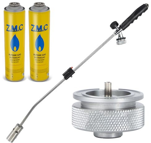 ZMC Unkrautvernichter 2,5 kW + 2 Gaskartuschen 330g, inkl Adapter für Eurogewinde, Unkrautbrenner mit Piezo-Zündung, Abflammgerät mit einstellbarer Flammenleistung bis zu 1400 °C