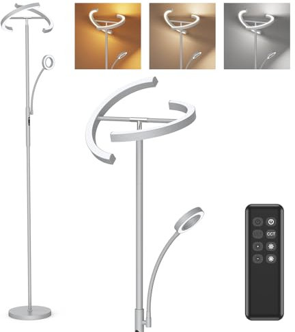 Amdelne Stehlampe Wohnzimmer Dimmbar mit Leselampe Verstellbarer, Grau 20W+7W Stehleuchte mit Fernbedienung & Touch, Speicherfunktion, Modern Deckenfluter LED für Schlafzimmer, Kinderzimmer, Büro