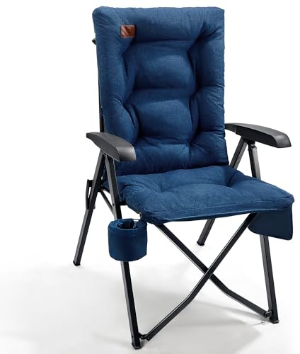 EVER ADVANCED Luxury Camping Chairs for Adults Heavy Duty High Back Oversized Folding Garden Chair Comfy Padded 6cm Loadable 150kg Camp Adjustable Dining Chairs 4-Position Recliner Deck Blue