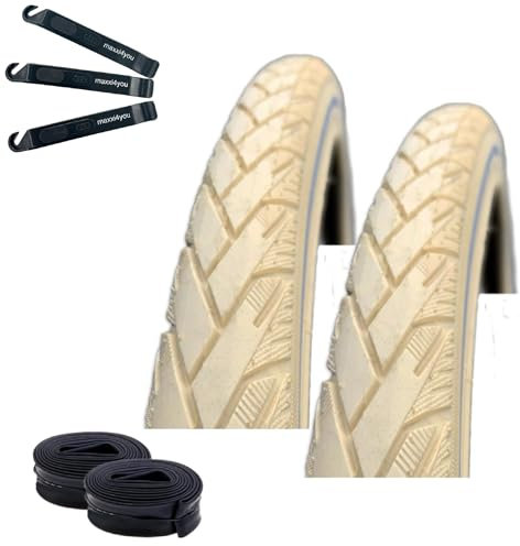 2 x Rexway Mencos Pannenschutz Fahrradreifen Creme mit Reflex 37-622 (28 x 1 5/8 x 1 3/8) + 2 passende Schläuche SV inkl. maxxi4you Reifenheber