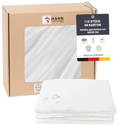 Hahn Putzlappen® Baumwolle Weiß [110 Stück] – Nahtlos zugeschnitten 30x30 cm – Dünn, saugstark & langlebig für Werkstatt, Elektronik, Haushalt & Autopflege – Leicht entnehmbar – 100% Recycling