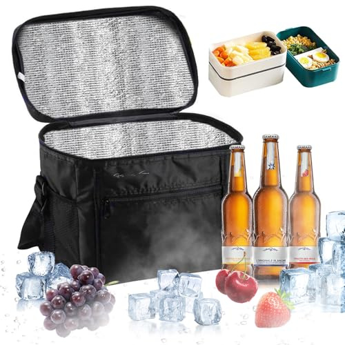 Bolsa Térmica Plegable LXYYDS, Bolsa Nevera para Picnic, Camping, Playa, Barbacoa, Negro, 10 Litros, Bolsillos Laterales y Frontal, Plegable