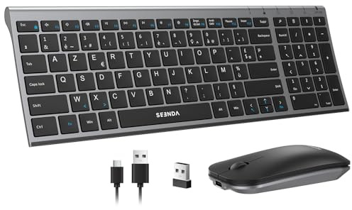 seenda WGJP-031B Combo Clavier et Souris sans Fil Rechargeable, Silencieux, Ultra-Fin, AZERTY Français, 2,4 GHz Récepteur USB, avec Pavé Numérique, pour Windows, PC, Ordinateur Portable,Gris