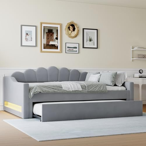 Trdlpyn Divano Letto 140 x 200 cm con letto estraibile 90 x 190cm, Letto Imbottito con Striscia luminosa a LED, Rete a doghe, letto singolo matrimoniale((Senza materasso)