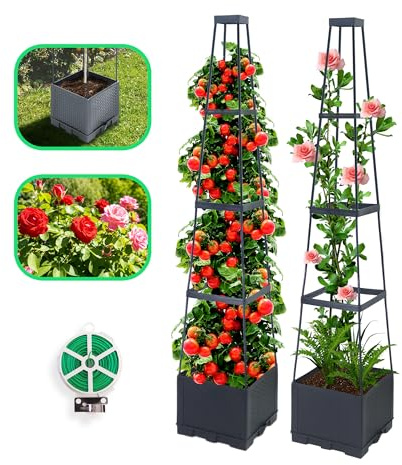 CHEOAR Set med 2 upphöjda blomlådor för tomater med spaljé, 144 cm, fristående bur med trapetsformat stöd för klätterväxter, blommor och grönsaker, inomhus och utomhus