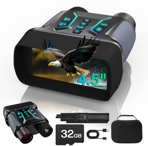 Binoculares Visión Nocturna 4K, 36MP Binoculares Visor Nocturno con Zoom Digital 8X, Recargables 4500mAh, Pantalla HD de 4,5, 7 Niveles Visión Infrarroja, Cámping, Tarjeta TF de 32 GB (Azul Grisáceo)