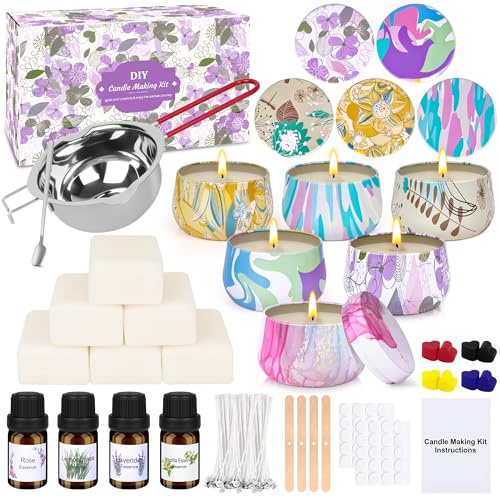 KEARLGMBH Candle Making Kit for Adults Beginners - Candle Making Supplies Include 360g Wax, 6 Dyes, 4 Scents, 25 Wicks, 6 Tins, 40 Wicks Sticks, Melting Pot, Stirring Spoon and Centering Device
