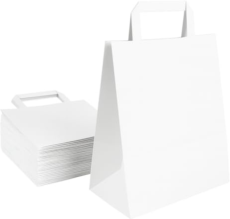 Commerline Bolsas de Papel Kraft | 18+8 x 22 cm, 250 Unidades, Blanco | Bolsas de Regalo | Bolsitas de Transporte con Asa | Bolsitas Reutilizables