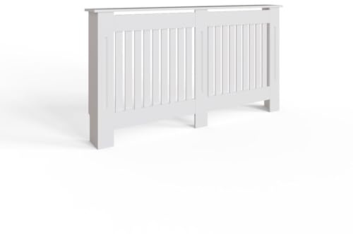 FWStyle Vertical Slat Large MDF White Radiator Cover – Decorative Heater Cabinet with Shelf – Modern Vertical Slat Design, Efficient Heat Flow, Curved Skirting Cut-Out – 82.3H x 152W x 19D cm