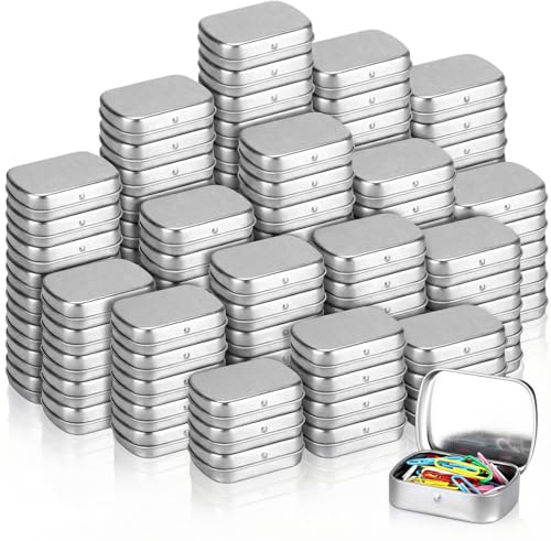 Acellegic 100 Pcs Metal Hinged Tin Box Rectangular Small Tin Container with Lid Mini Portable Tinplate Storage Box for Drawing Pin, Candies, Jewelry, Crafts, Button, Pill 2.4 x 1.8 x 0.6 Inch(Silver)