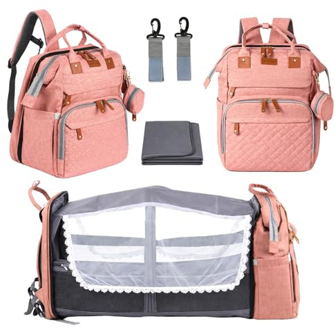 LN COZY CORNER Baby Changing Backpack – Stylish Multifunctional Large Nappy Bag with Built-In Changing Mat, Insulated Bottle Pockets, and Multiple Compartments for Mum & Dad (Pink)