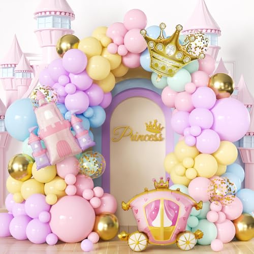 Adeyoo Kit de arco de guirnalda de globos de princesa, globos pastel multicolor con carruaje de castillo y corona, globos de aluminio para decoraciones de cumpleaños de princesa, suministros de fiesta
