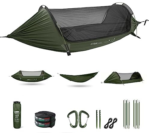ETROL Hängematte Outdoor,2 Personen Hängematte Mit Moskitonetz Ultraleicht - 500LB ​Tragkraft | 290 x 140 cm,3 in 1 Funktion Fallschirm Camping Hängematten Zelt für Trekking, Reise, Strand, Garte