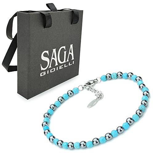 SAGA GIOIELLI® Bracciale Unisex Sfere Pietre Dure Acciaio (PASTA DI TURCHESE)
