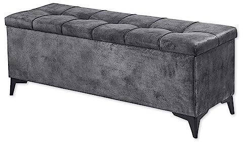 Stella Trading OREGON Sitzbank mit Stauraum und gepolstertem Deckel, Anthrazit - Geräumige Sitztruhe für Boxspringbetten im Schlafzimmer - 139 x 58 x 50 cm (B/H/T)